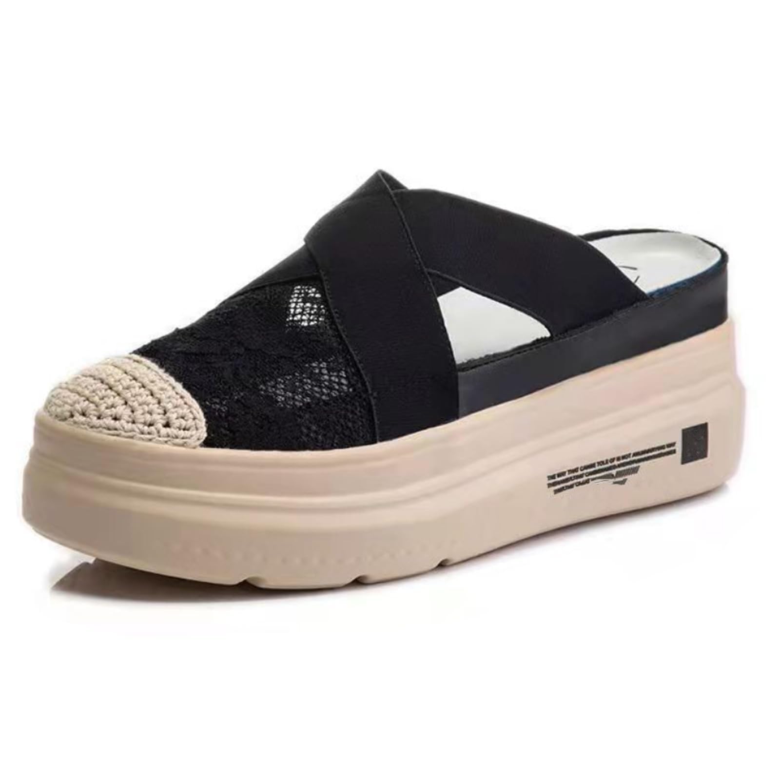 Swezida Women's Lace Mesh Platform Mule Shoes,Hollow Out Tulle Flower Embroidery Slip-On Loafer,Thick-Soled Height-Enhancing Fisherman's Shoes,Casual