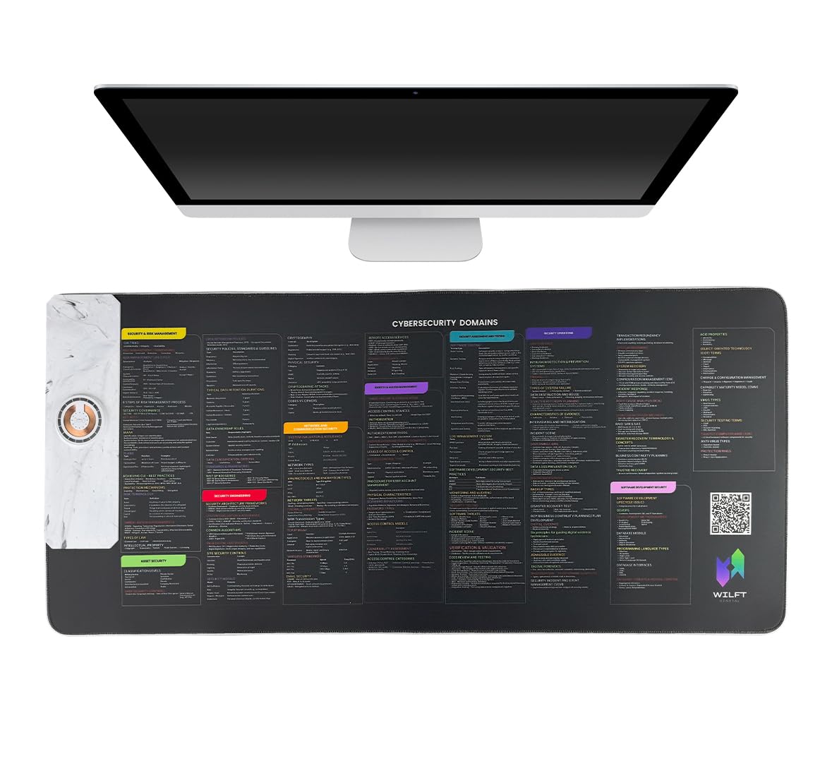 Cybersecurity RGB Gaming Mouse Pad con ricarica wireless, 80 x 30 cm, 10 modalità LED con codice a barre Cheatsheet per CISSP, CISM, CRISC, COMPTIA Security + (pad di ricarica bianco)