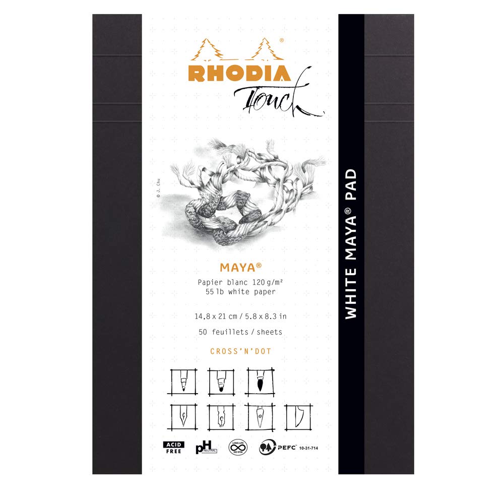 RHODIA TOUCH 116103C - White Maya Pad A5 New Ruler Cross'N'Dot - 50 Sheets - White Maya Clairefontaine Paper 120 g/m - for Calligraphy and Precise Drawing with Pencil, Liner, Pen