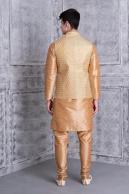 Image of Uri and MacKenzie Men's Silk Blend Kurta Churidar Pyjama with Stylish Nehru Jacket