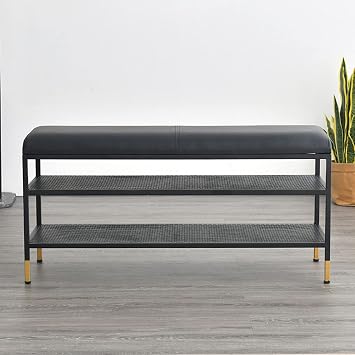 2 Shelves Storage Bench, Entryway Shoe Rack with Cushioned Seat, w/Faux Leather Top Bed Bench, Ideal for Entryway, Bedroom, Living, Room, Hallway, Garage, Mud Room