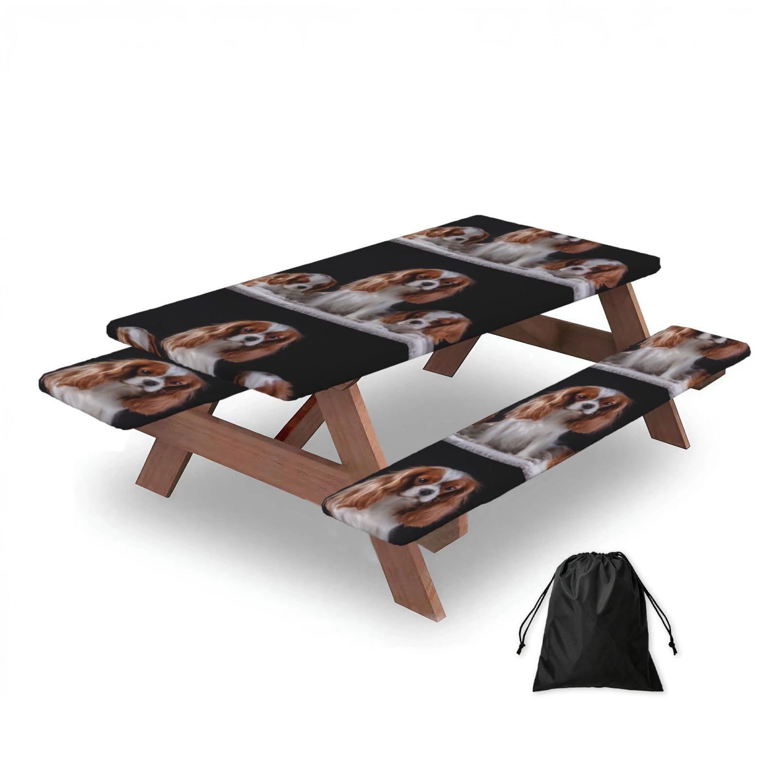 Cavalier King Charles Spaniel Mother With Cubs, Picnic Table Cover With Bench Covers -Waterproof Elastic Fitted Tablecloth for Garden Camping Patio 76x152cm