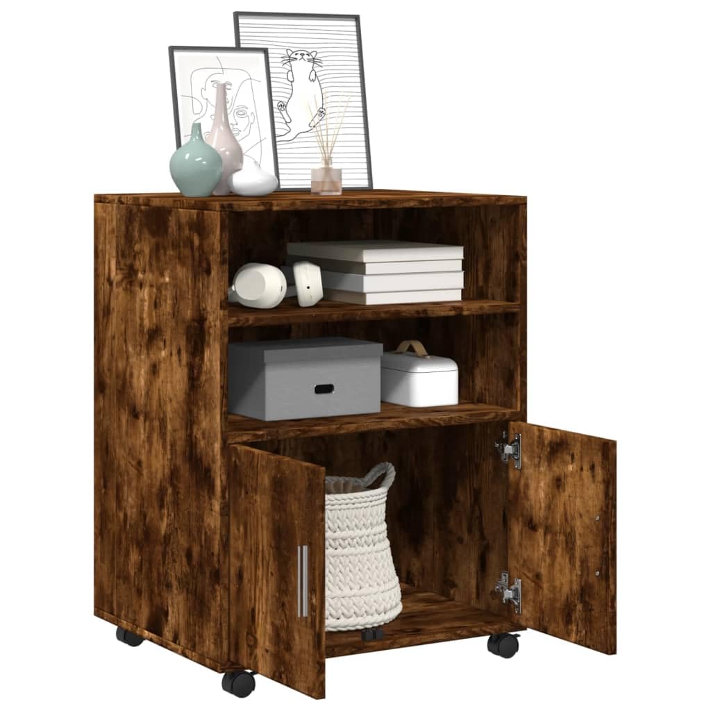 Brokky Armadietto con Ruote Rovere Fumo 60x48x81 cm in Truciolato-Carrello Porta Stampante,Mobiletto con Ruote,Supporto per Stampante in Legno,Classificatore per Documenti per Studio,Ufficio