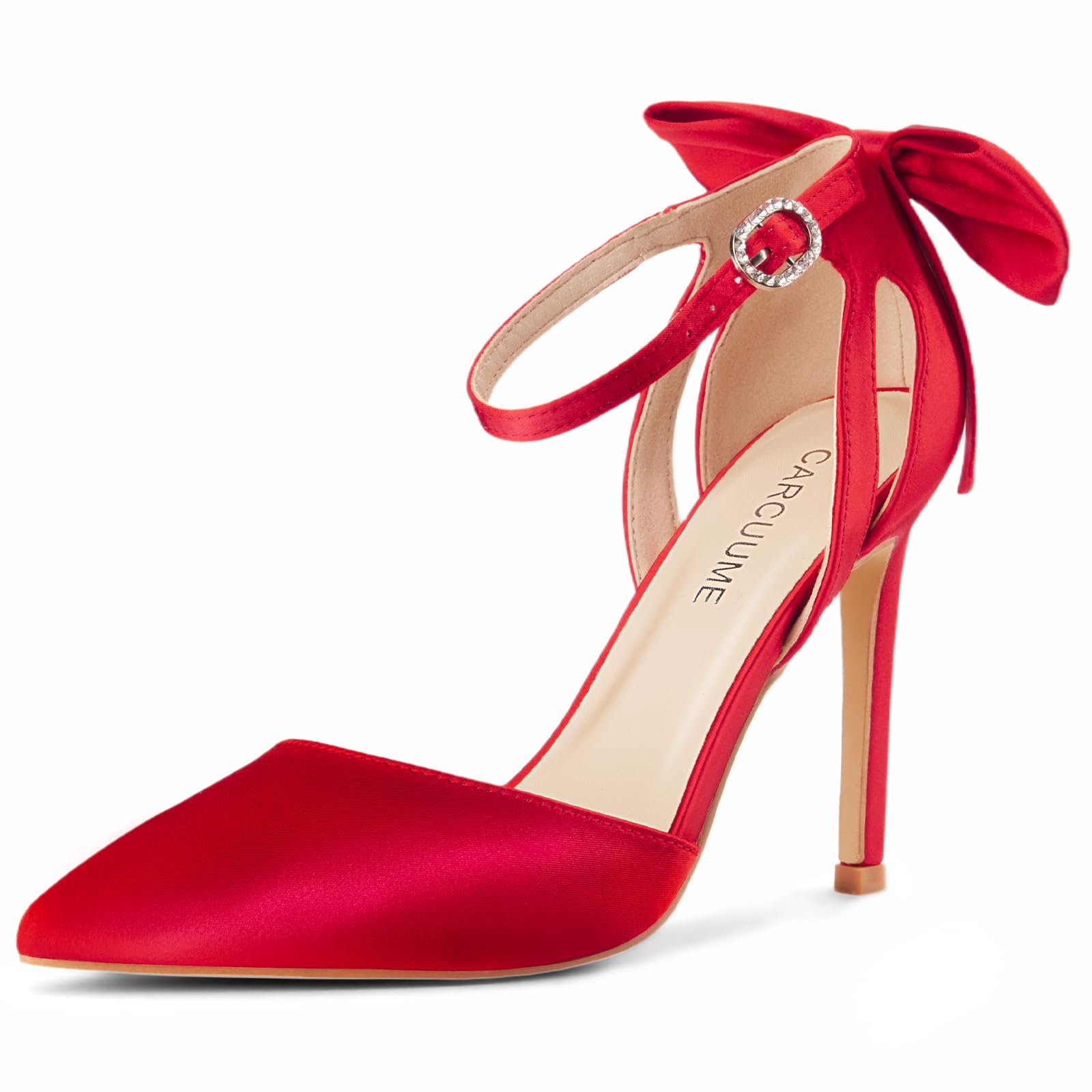 Carcuume Women's Closed Toe Heels Bow Stiletto Heel Sandals Pointed Toe Pumps Wedding Shoes: 11 Red Satin