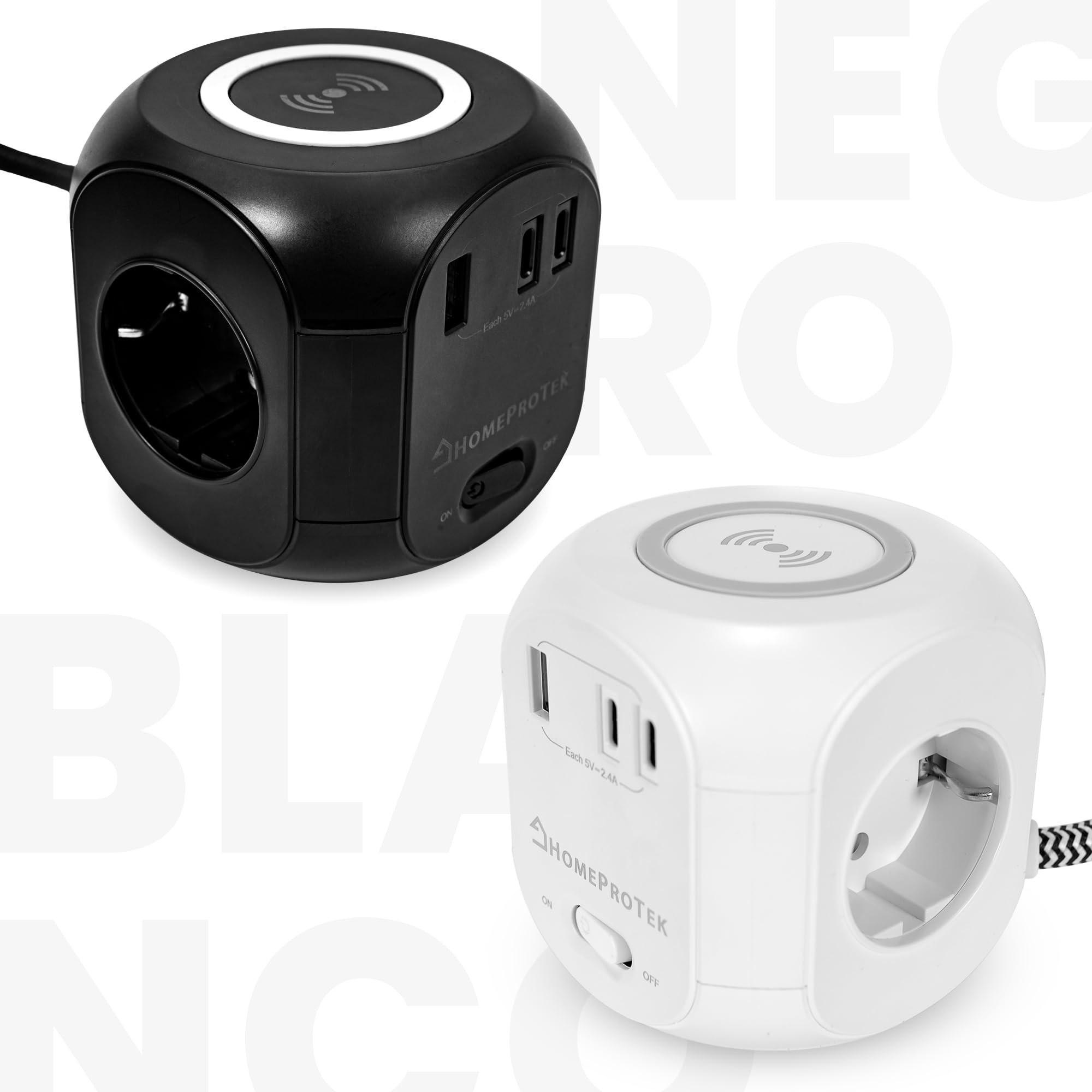 HOMEPROTEK Cubo Regleta USB - Regletas Enchufes con Cargador Inalámbrico - Ladron Enchufes con 3 AC, 2 Puertos USBC y 1 USBA - Enchufe Multiple Práctico y Compacto para Uso Diario - Negro