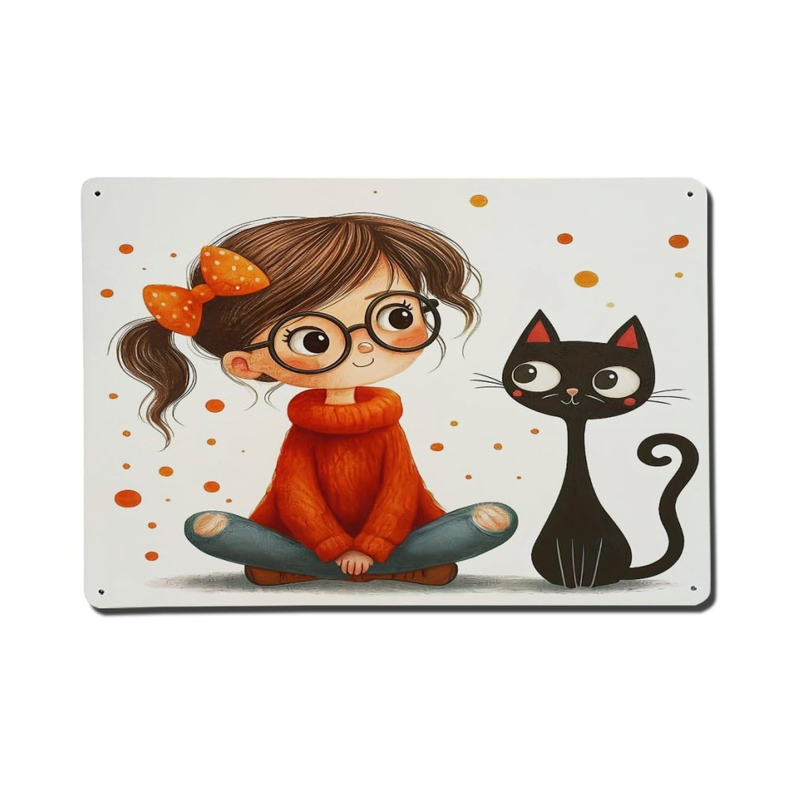 Cute Girl With Cat And Dots Metal Tin Sign Plaque