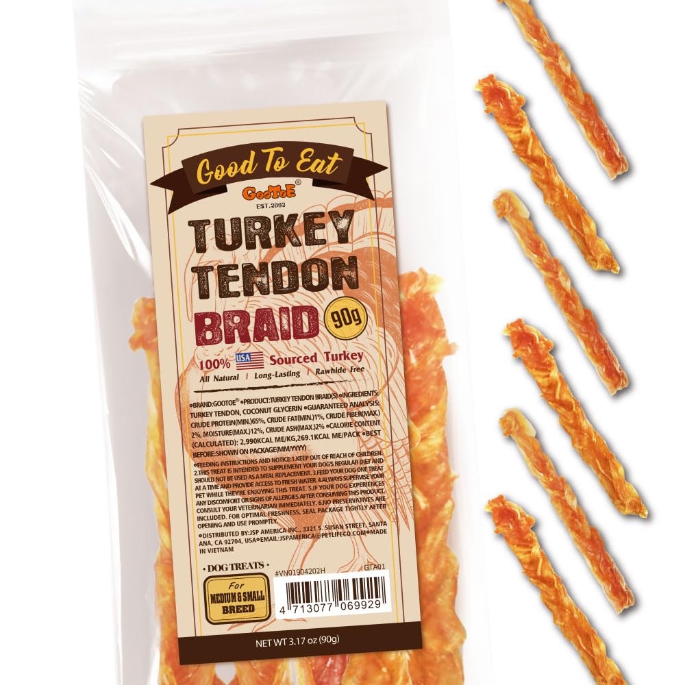 Gootoe Turkey Tendon Dog Treats – 100% USA-Sourced, Natural Snack, Premium Training Chews, Hypoallergenic, Reseal Value Bags, Size for Medium & Small