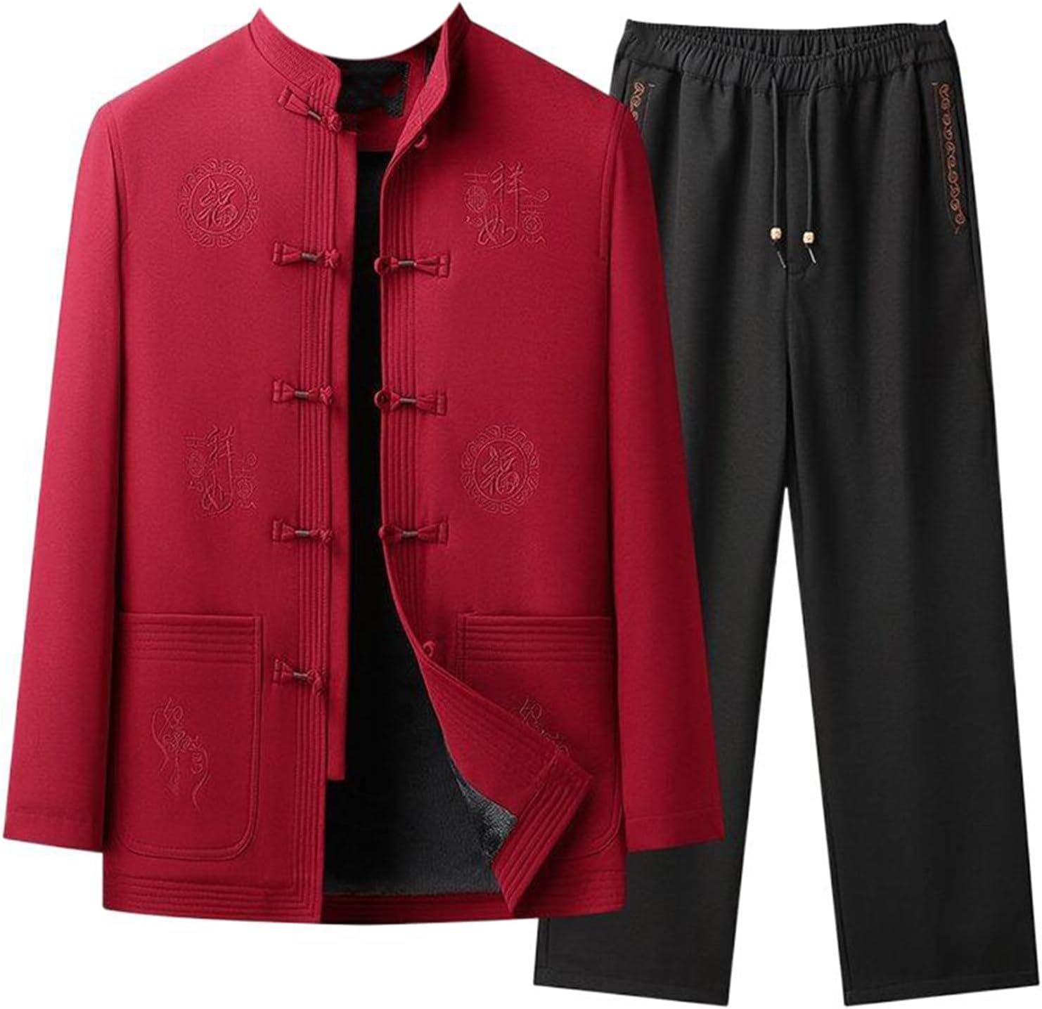 Men's Stand Collar Tang Suit Set, Autumn and Winter Middle-Aged and Elderly Casual 2-Piece Set