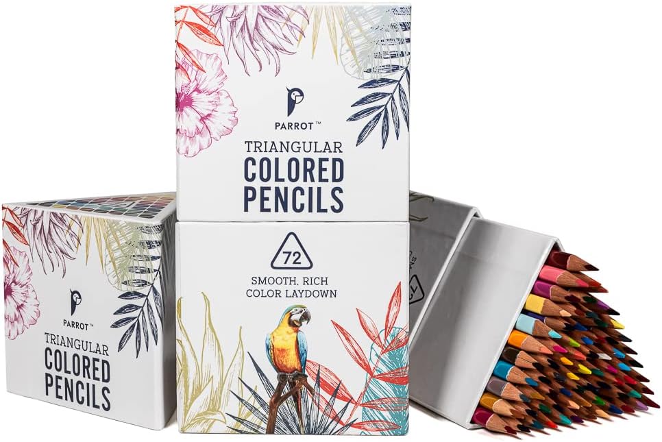 PARROT Premier 72ct Wooden Colored Pencils, Soft Core, Triangular-Shaped, Pre-Sharpened, for Artists, Adult & Kids Coloring Book, Perfect for Drawing, Coloring, Blending, and Shading