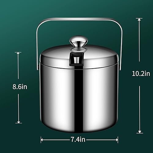 Miniatura 8 de Cubo de hielo con doble aislamiento de acero inoxidable 304 con tapa, colador, mantiene los cubos de hielo fríos y secos, cómoda asa de transporte