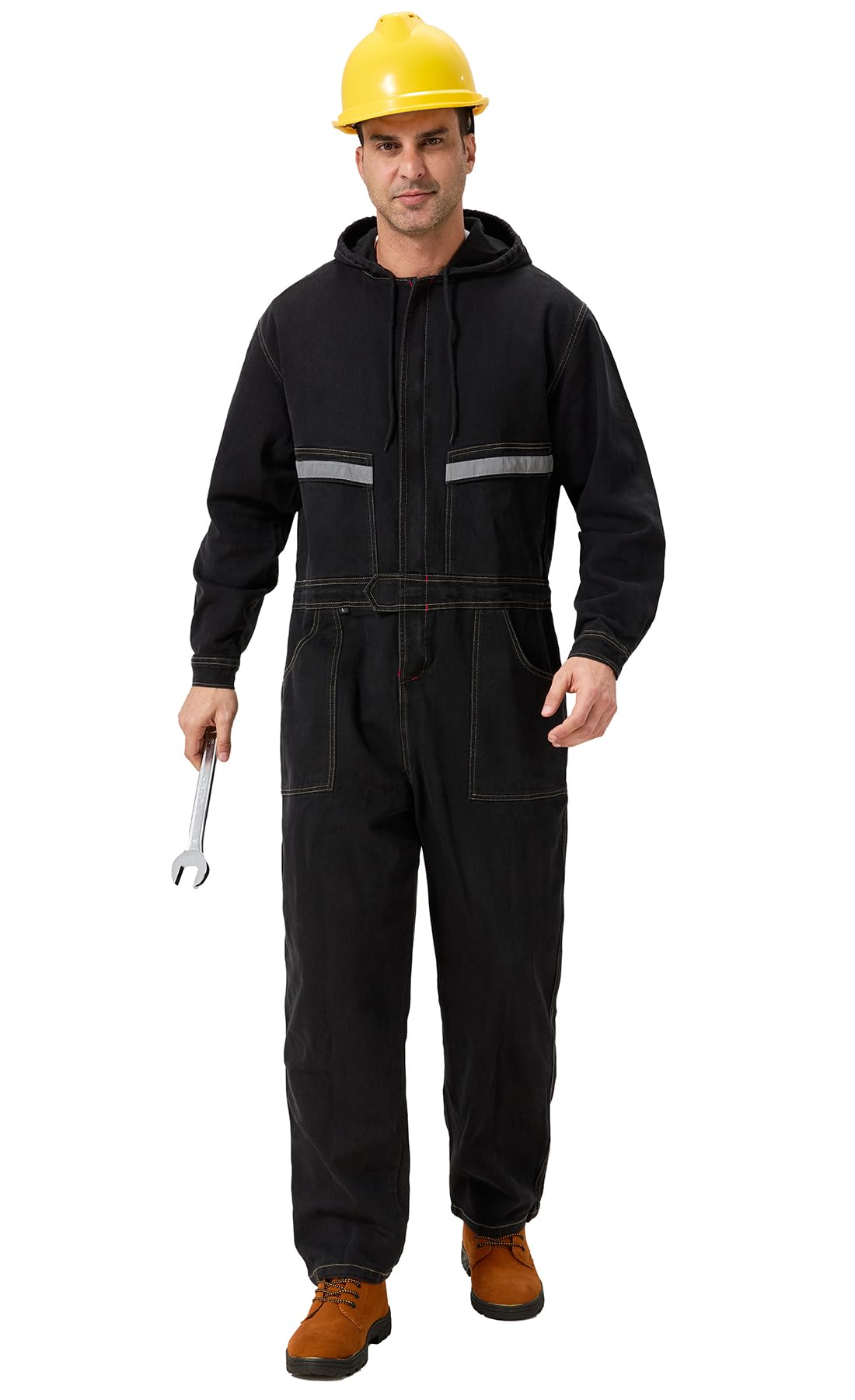 Overol de trabajo de mezclilla para hombre con capucha, overol de trabajo resistente, de alta visibilidad, con pantalones vaqueros, color negro, talla M