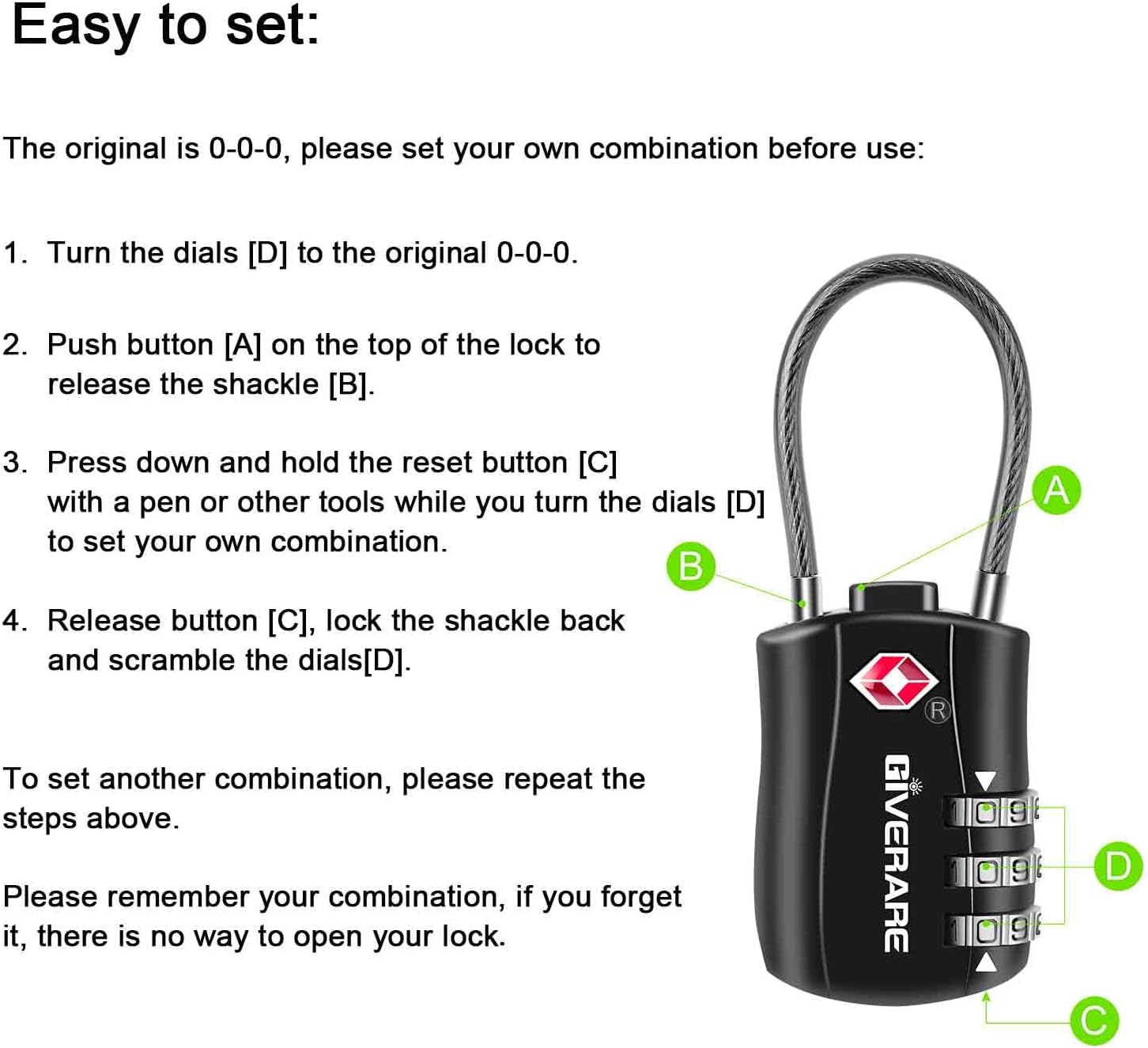 GIVERARE 4 Pack TSA Approved Luggage Locks, Combination Travel Cable Lock, Re-settable 3-Digit Padlocks with Alloy Body, Keyless TSA Padlock for Gym Locker, Golf Bag Case-Black - Image 8