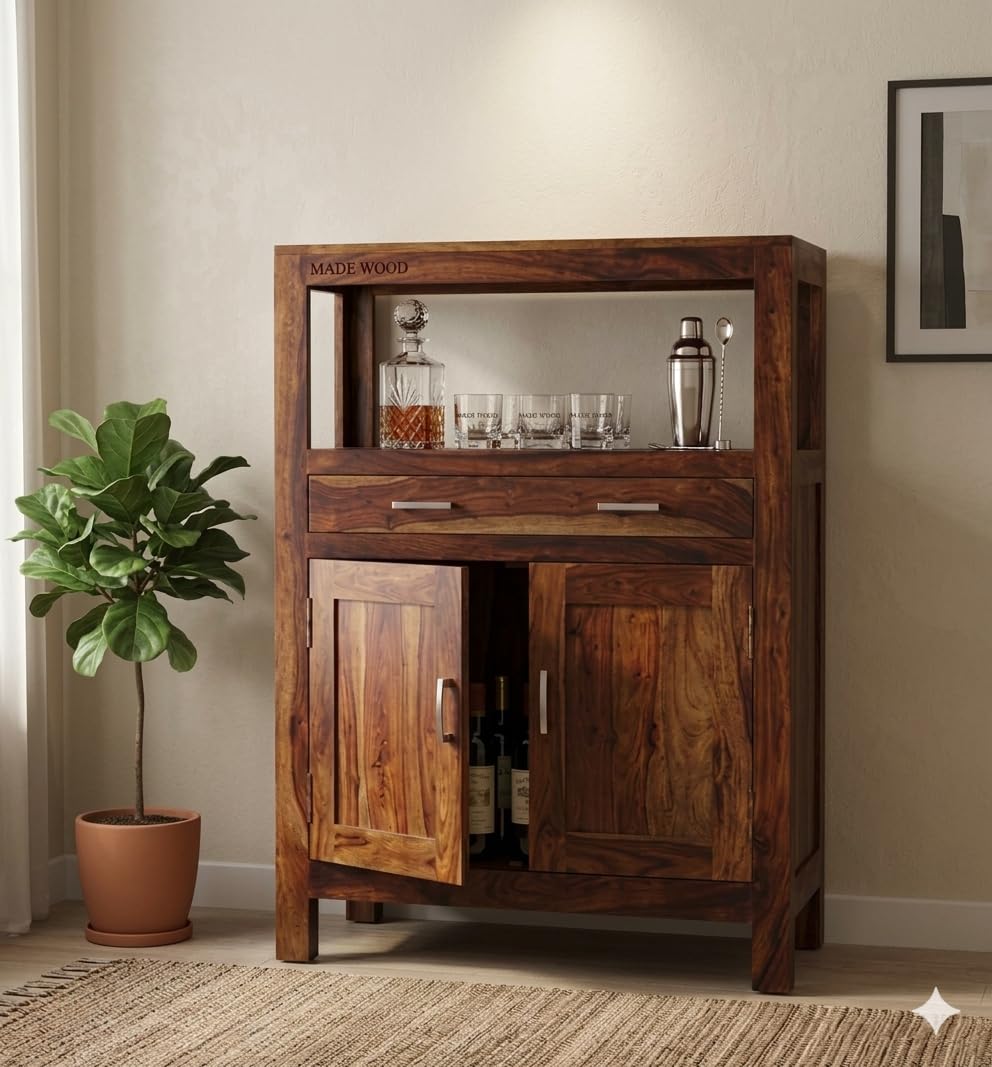 Made Wood Sheesham Wood Bar Cabinet-with Glass-Already Assembled - Rack for Hard and Soft Drinks - Solid Sheesham Wood Bar Cabinets for Living Room|Wine Wisky Scotch All Type Drinks - Provincial Teak-image-45
