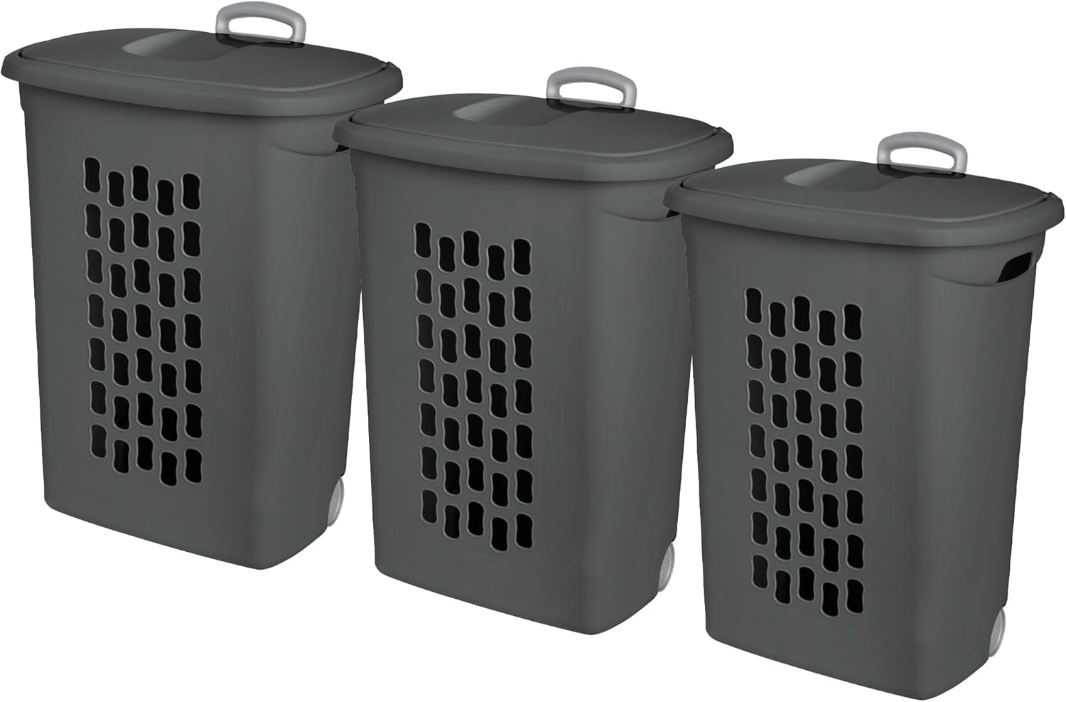 Sterilite 3-Pack Ultra Wheeled Hamper, Plastic Rolling Laundry Basket, Flat Gray - Portable Clothes Carrier with Flip-Top Lid and Retractable Handle for Home, Apartment, and Dorm