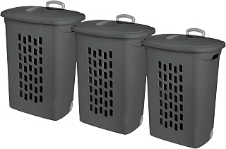 Sterilite Ultra Wheeled Hamper, Laundry Basket w/Flip-Top Lid, 3-Pack | Flat Gray - Plastic Rolling Clothes Storage Cart with Retractable Handle & Ventilated Holes for Home, Apartment or Dorm
