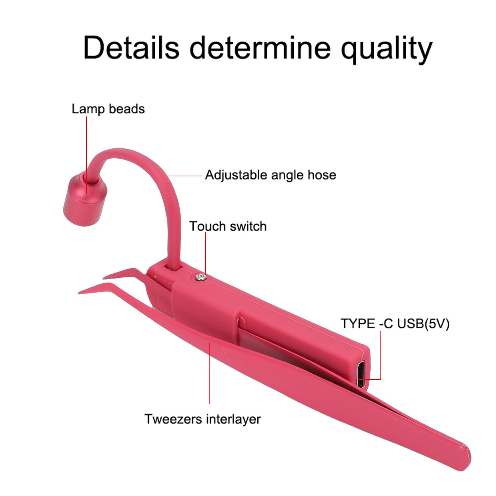 Topiky Pinzas de Pestañas para Extensiones de Pestañas, Lámpara de LED 1W 395nm Pinzas de Luz de Curado de Pegamento Rápido, Ajuste de Rotación de 180°, Compactas y Portátiles (rojo)