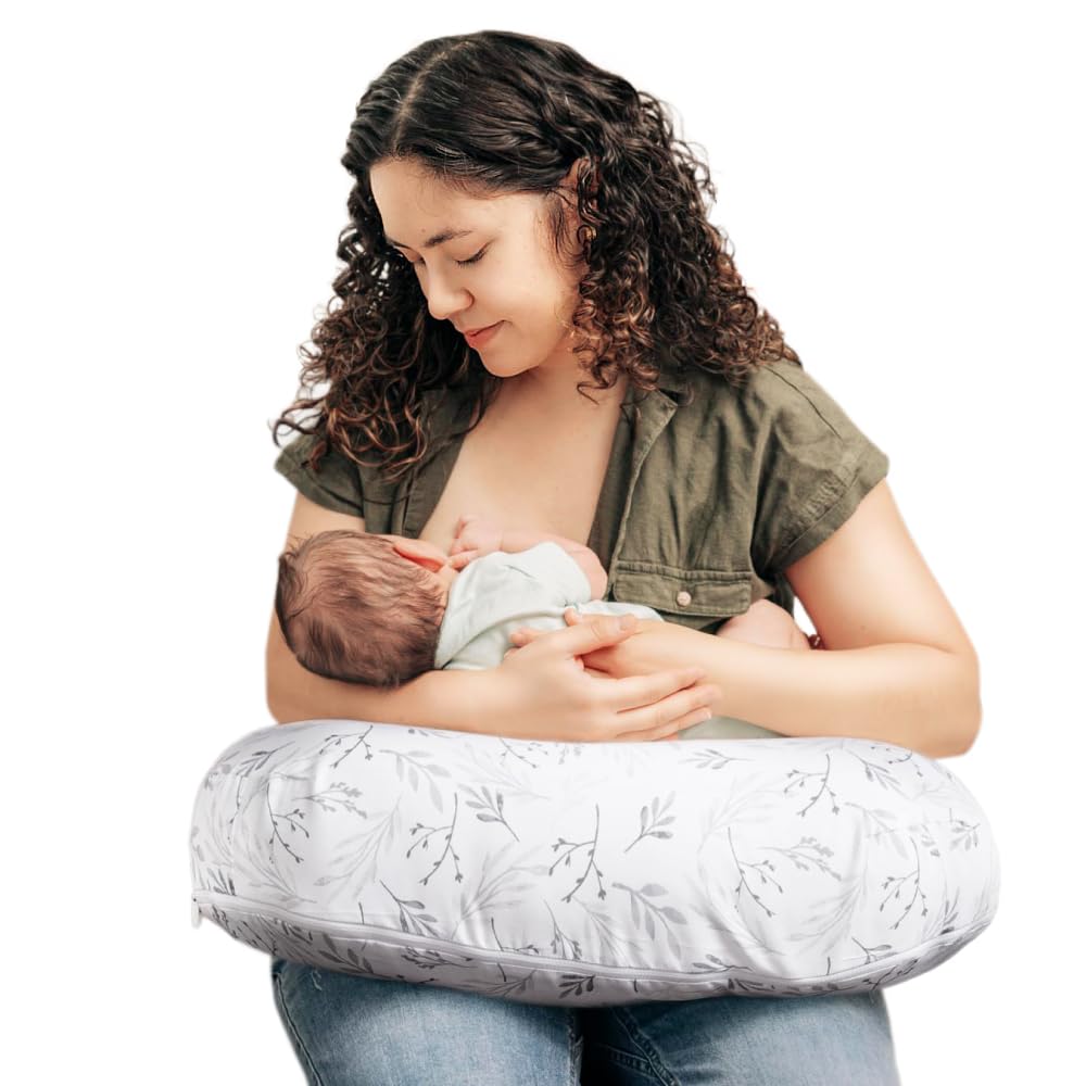 Boppy Nursing Pillow - Ergonomic Bottle & Breastfeeding Pillow with High, Firm, Large Area, Water-Repellent Cushion with Washable Cover; Baby Safety Alliance Verified - Gray Gentle Leaves New Nursing Pillow Gray Gentle Leaves