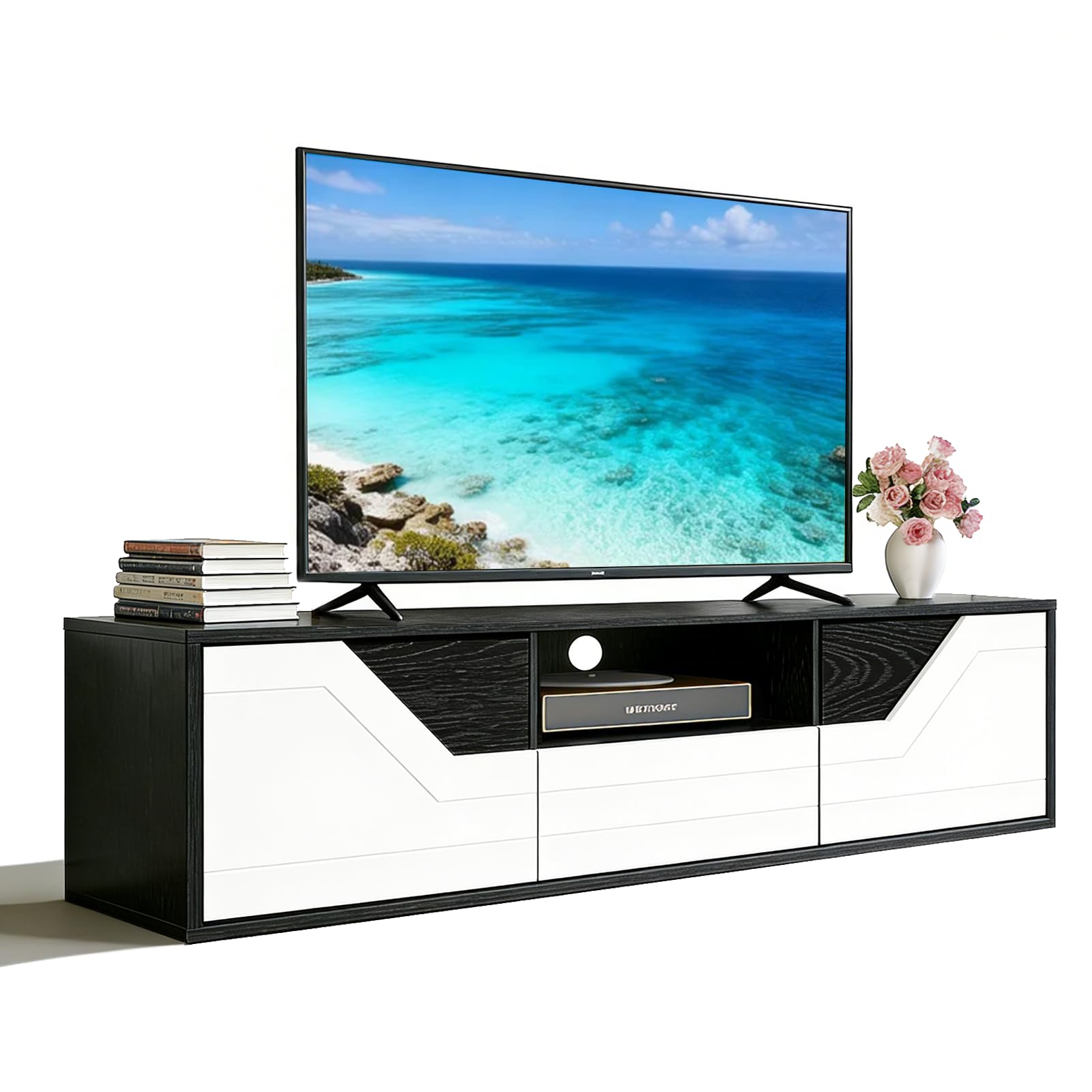 TV Lowboard Stehend 120cm, TV Schrank mit 2 Türen, TV Board für Fernseher bis zu 50 Zoll, Fernsehschrank mit Schublade und offenem Fach für Wohnzimmer und Schlafzimmer, Schwarzweiß