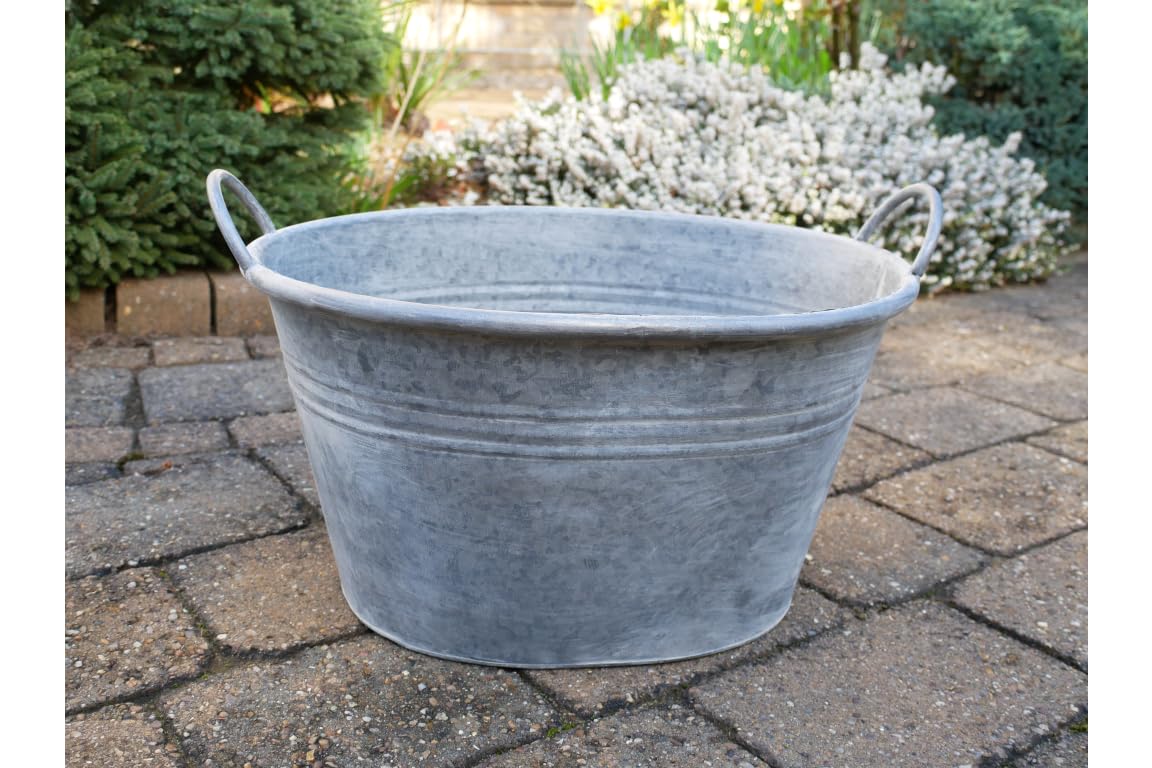 My Square Mile Large Decorative Round Vintage Galvanised Metal Pan Tub Flower Pot Planters