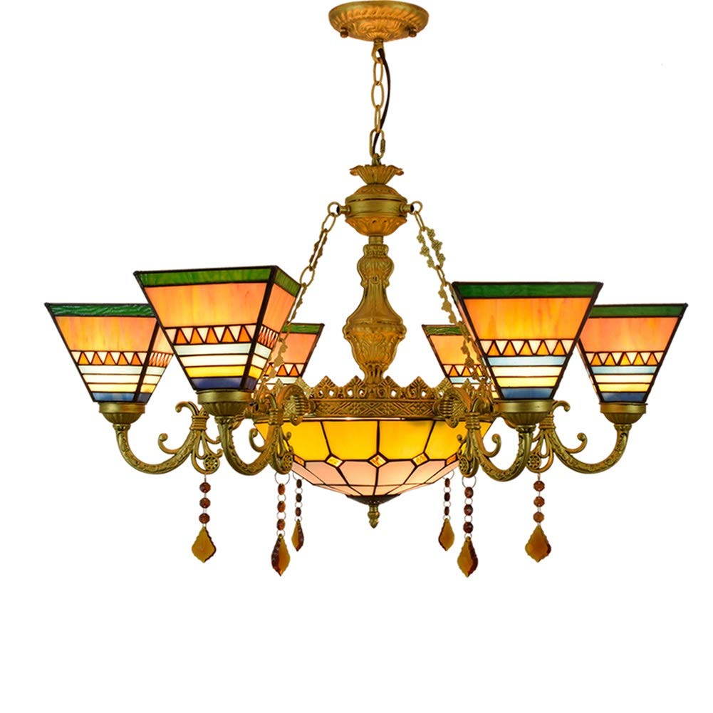 HPTHLY Ceiling Pendant Light Fixture Tiffany Style Pyramid Lamp Stained Glass Shades 6 Arm Chandelier With 12 Inches Inverted Ceiling Pendant Lamp