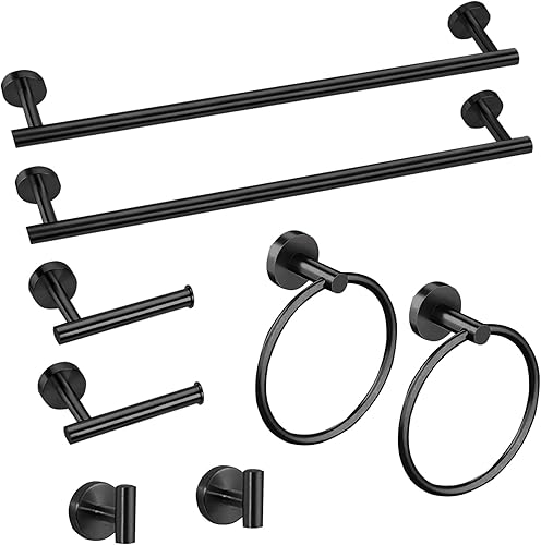 Cilee Juego de 8 piezas de accesorios de baño negro mate y dorado cepillado, toalla de baño de 24 pulgadas + toallero + soporte de papel higiénico +