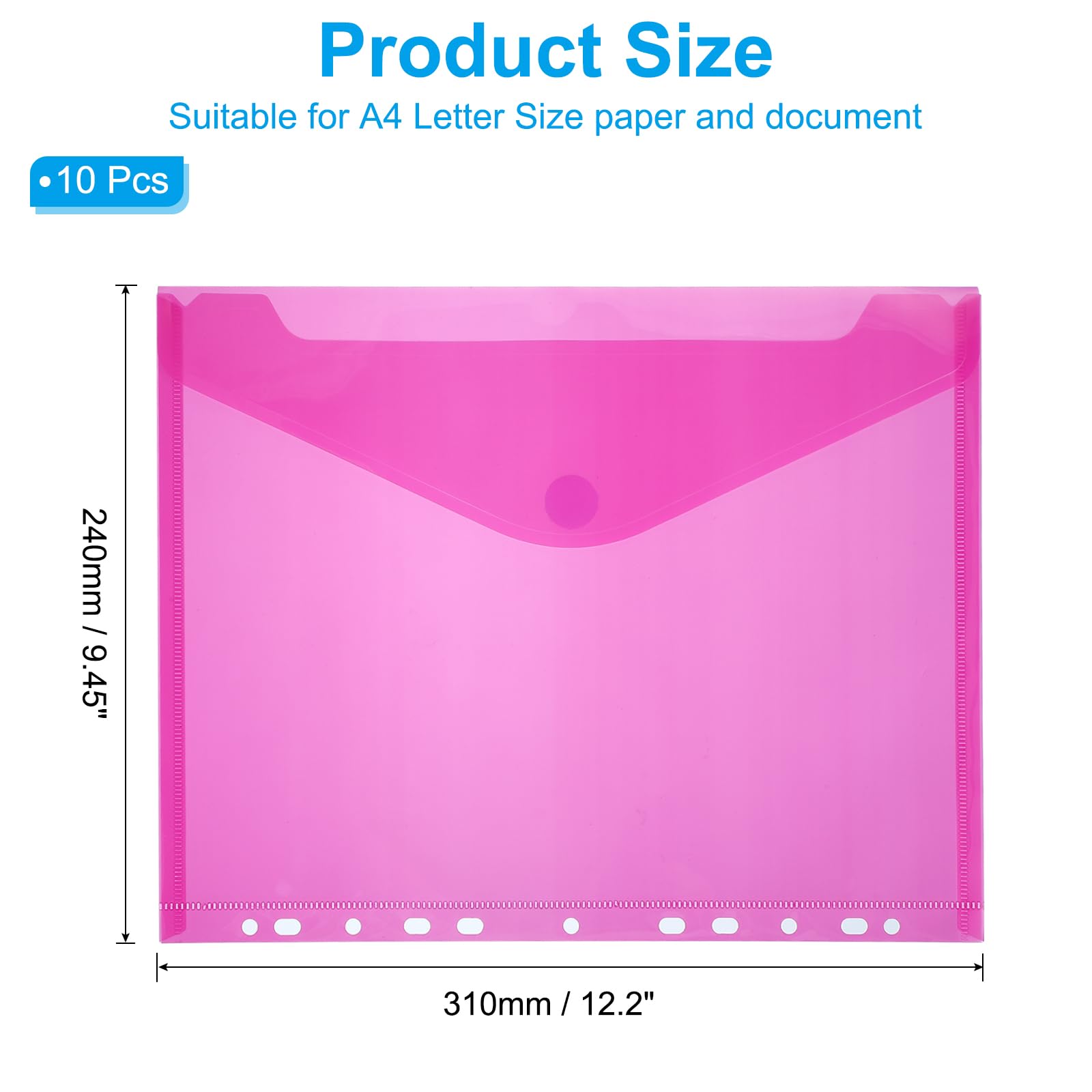 PATIKIL A4 Plastic Binder Pockets, 10pcs Letter Size Pouch File Bag Document Binder Folders Organizer with Hook and Loop Closure, Pink - Image 2