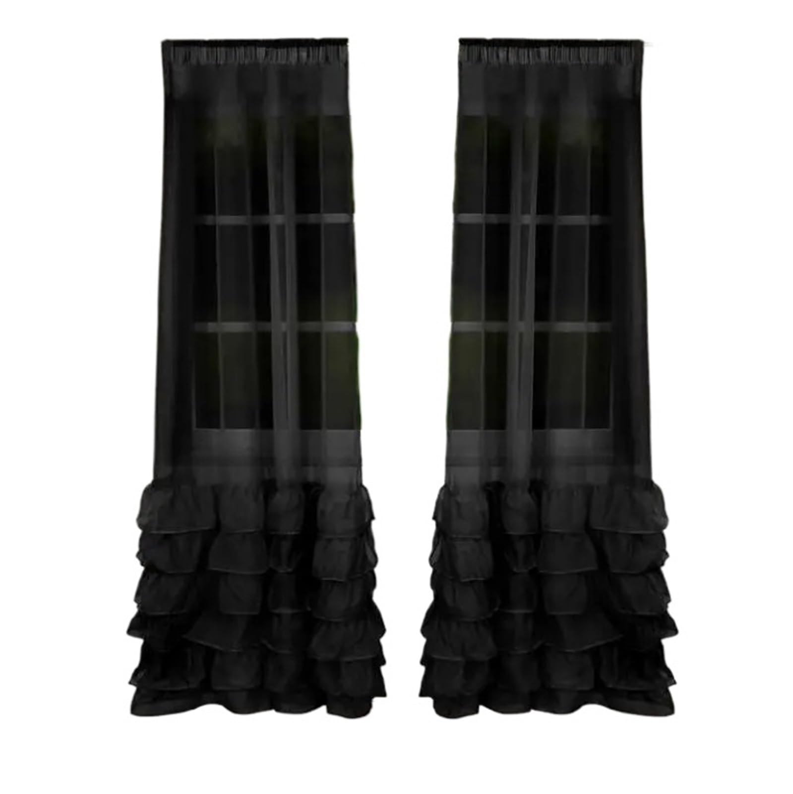 HEUchuan Ruffled Curtains Voile Window Curtain, Maiden Ruffle Bottom Hem Style, Elegant Sheer Panel, 2 Panels(Black,ROD-POCKET_2X W130CM X H200CM)