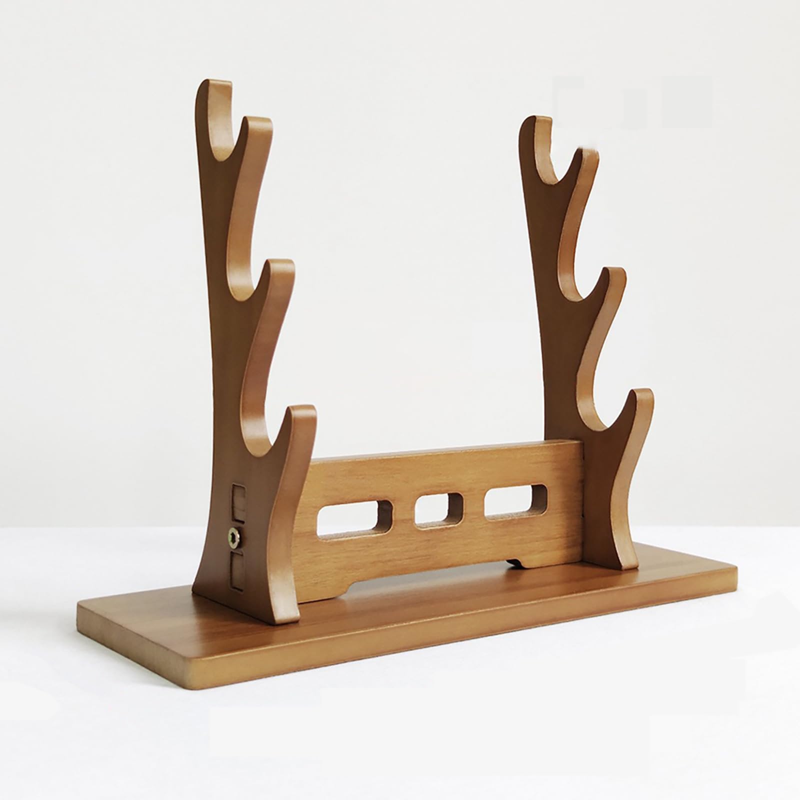 Hjhuua Light Brown (2~5Tier) Solid Wood Desktop Sword Stand,Flute Stand Weapon Stand,Decorative Sword Rest Display Rack,For Flute,Xiao,Katana,Wakizashi,Tanto,Support All Swords(Walnut Color,)