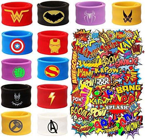 ATP ADT 12PCS Superhero Slap Bracelet for Kids Boys & Girls - Superhero Birthday Party Supplies Favors - Super Hero Avengers Toys - Comic Super Hero Party Stickers (50 Pack) Carnival Prizes