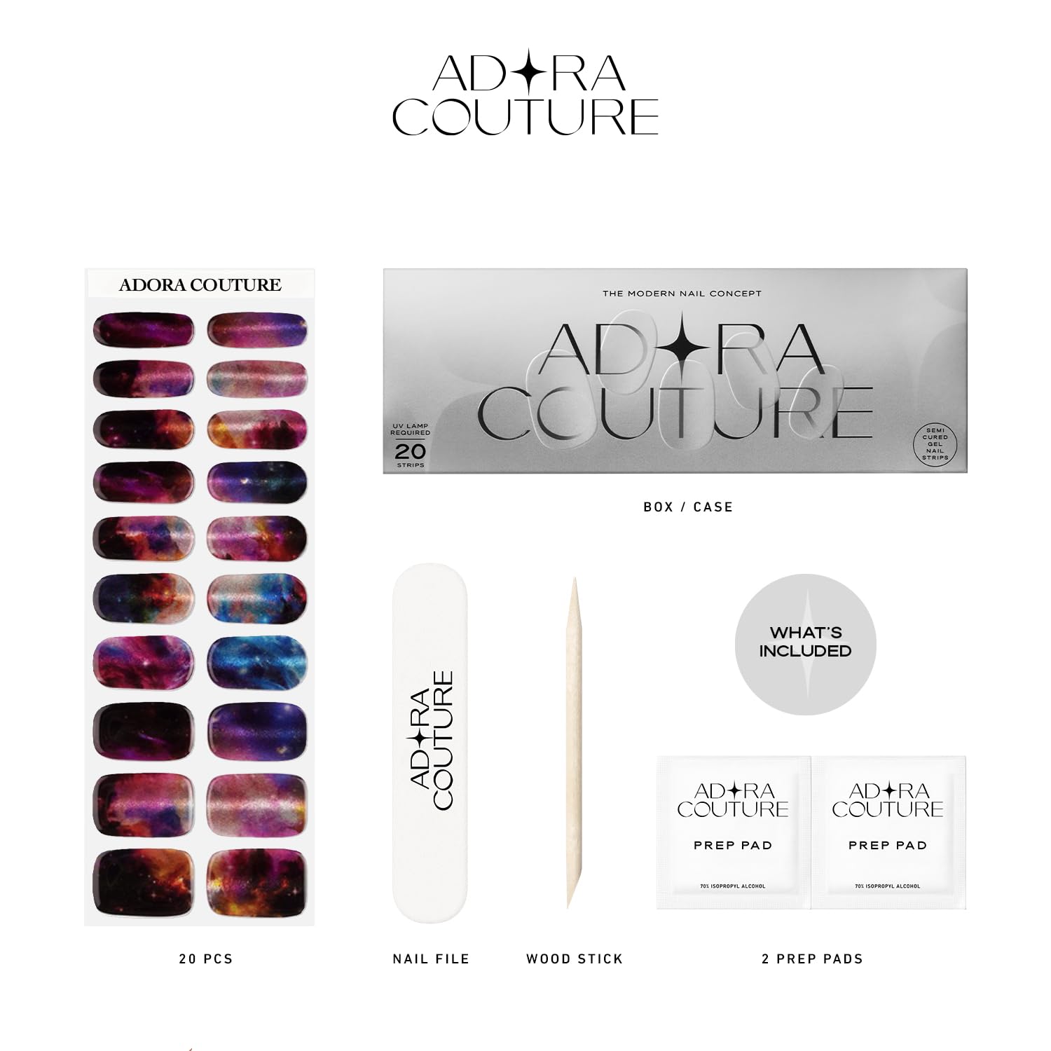 Adora Couture Strisce per unghie in gel semi-catalizzato, con 20 pezzi, qualità da salone di bellezza, per donne, Galaxy Constellation, UV, luce necessaria, costellazione