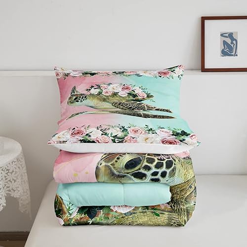 Miniatura 5 de Juego de edredón de tortuga marina tamaño matrimonial, juego de ropa de cama de mármol azul y rosa para niños y niñas, relleno de edredón romántico