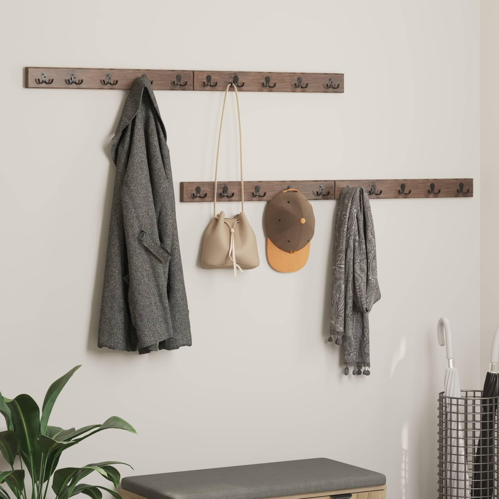 Kleiderbügel aus massivem recyceltem Holz und Gusseisen, 60 cm breit, braun, für kleine Räume, kein Aufbau nötig