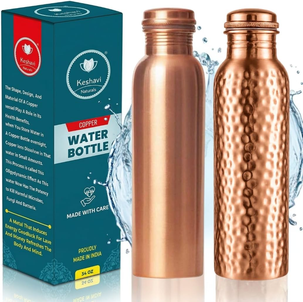 100% Pure Copper Water Bottle 34 oz (1 Liter) Plain & Hammered Copper Bottle Leak Proof Handcrafted Drinking Bottle Ayurvedic Benefits for Home Gym Office Travel Set of 2
