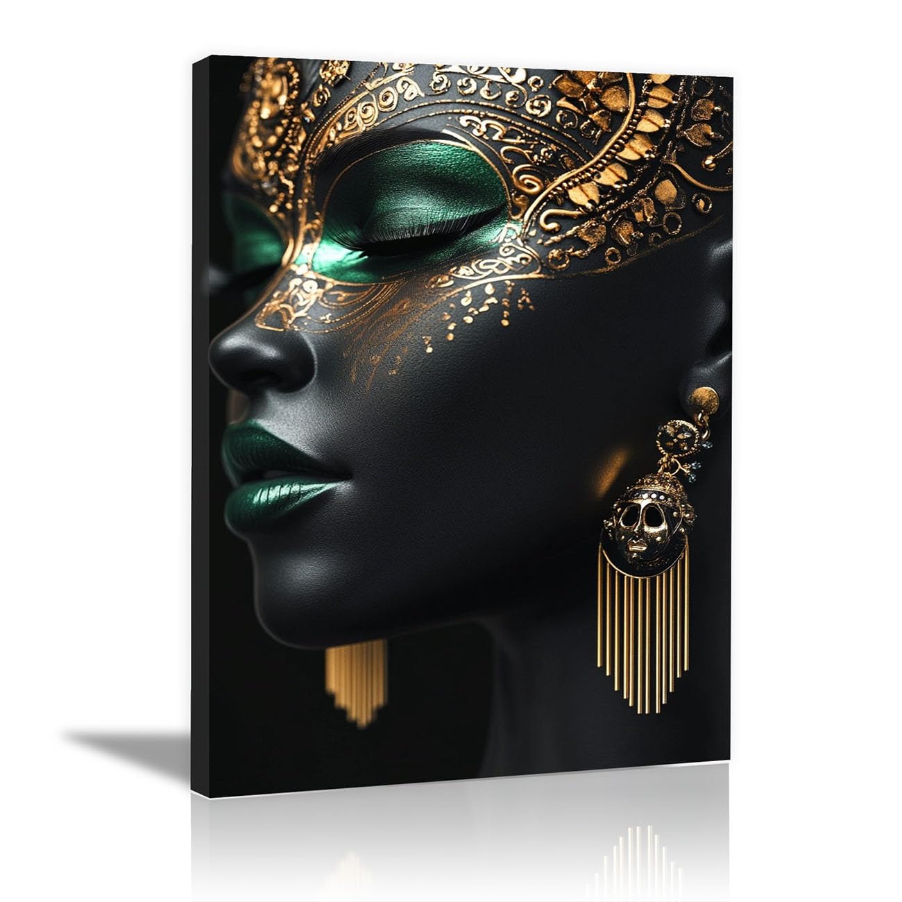 QUSAAOU Fashion Portrait Canvas Wall Art Woman with Golden Mask and Green Makeup For Living Room Bedroom African American Decor For Home Afro Woman Poster And Prints(Black)-60x90cm Framed