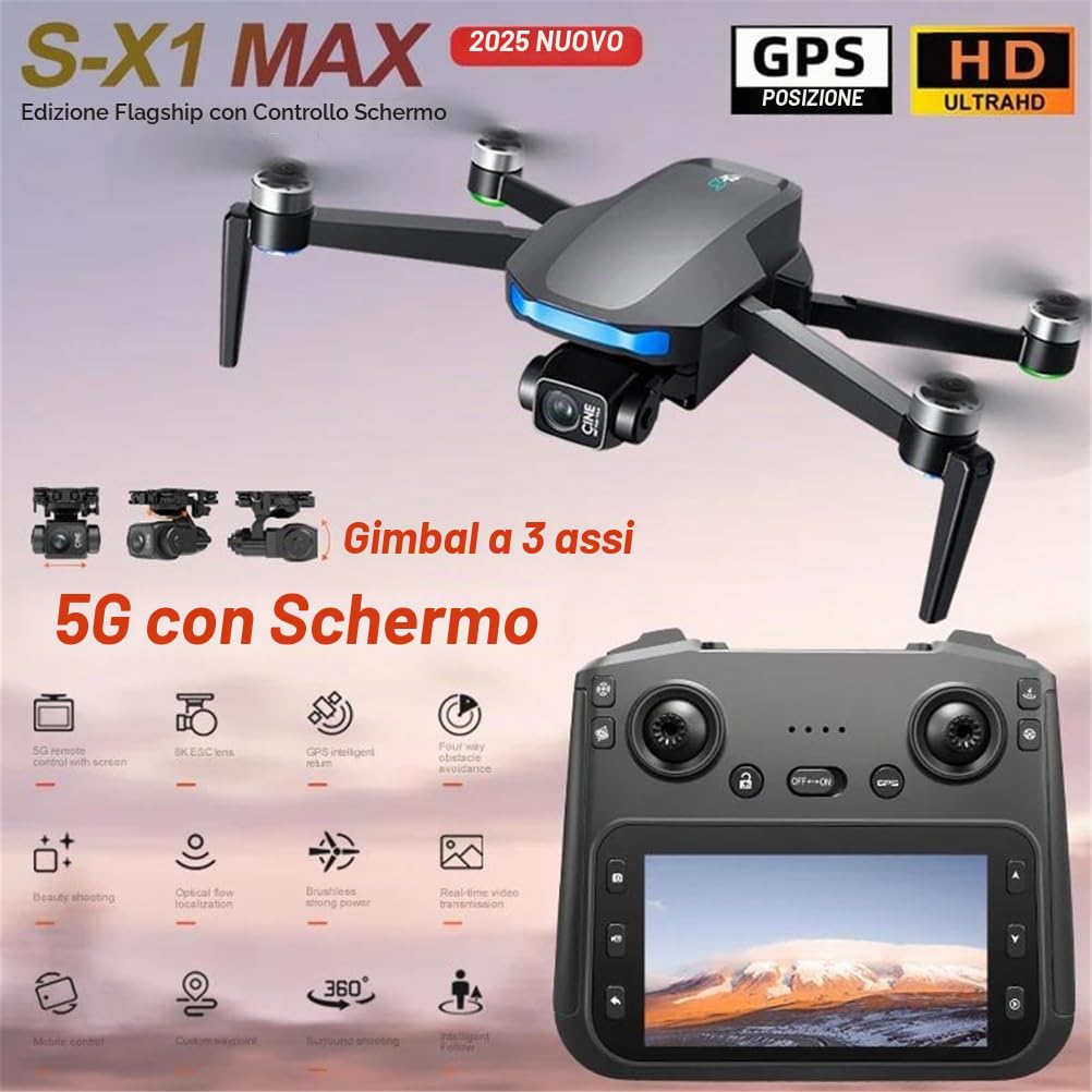 Bianca,Dual Battery,Nuovo Drone GPS s-x1 Max Professionale con Telecamera 4k, Gimbal a 3 Assi, FPV Aereo Senza spazzole, Telecomando Pieghevole con Ampio Schermo