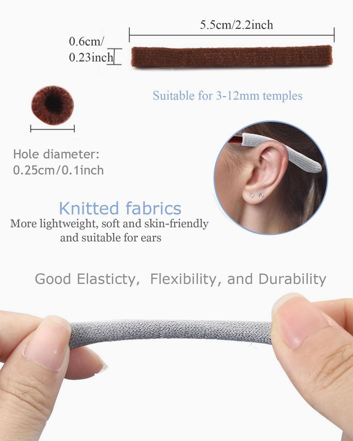 RT 3 Paia Di Copriaste Morbide Per Occhiali, In Tessuto Cotone, Antiscivolo, 5,8 Cm, Nero Marrone E Grigio, Per Aste Sottili E Sensibili