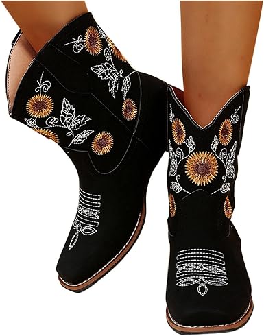 Amazon.com: Botines para mujer, botas de vaquera, cómodas de meter al aire  libre, estilo vintage, bordados, cálidos, botas de invierno a media  pantorrilla : Ropa, Zapatos y Joyería