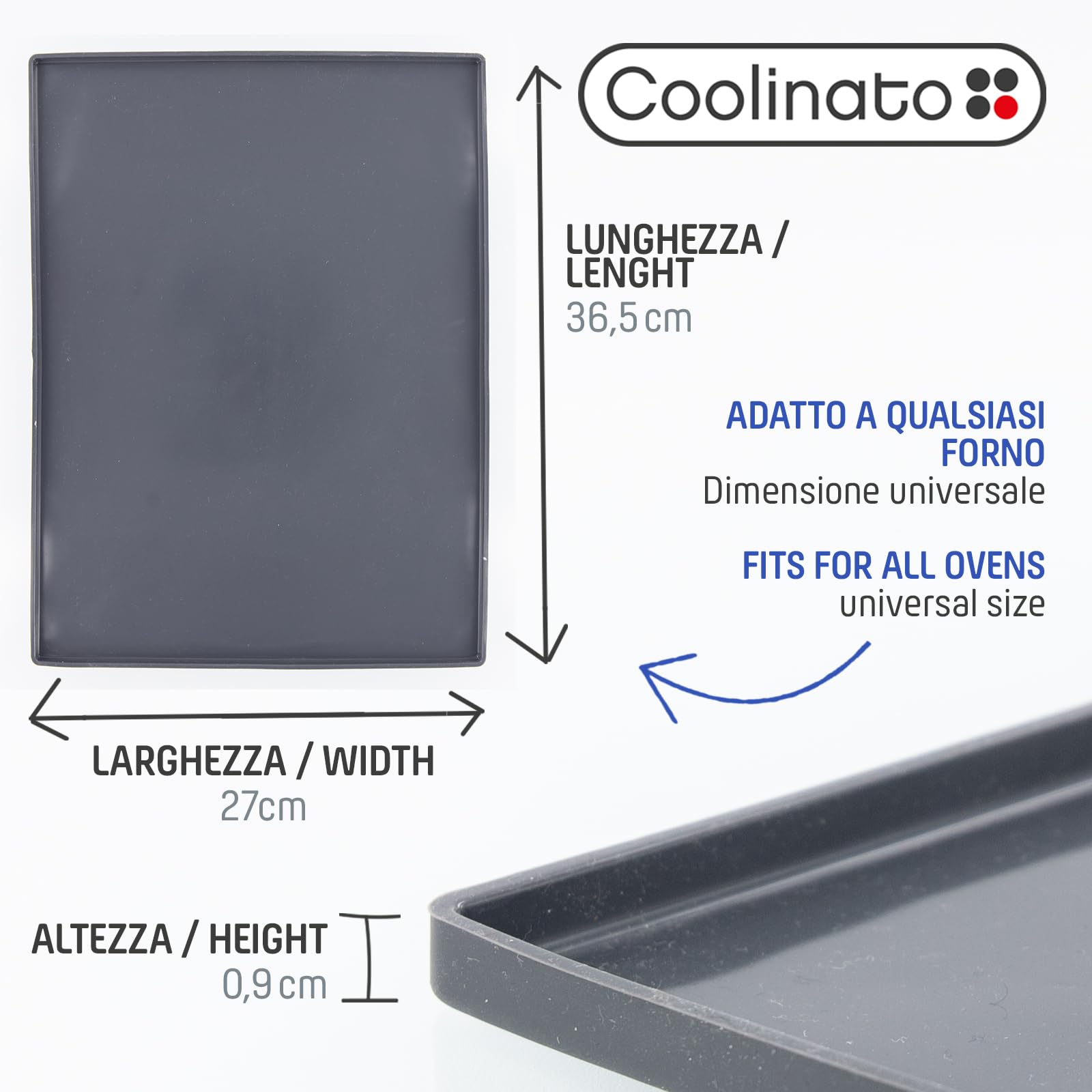 Coolinato - Set di 2 tappetini forno silicone con bordo grigio - Base in silicone platinico ribordata anti-sgocciolamento 36,5x27x1cm resistente al forno fino a 230°C e antiaderente incl. 4 ricette