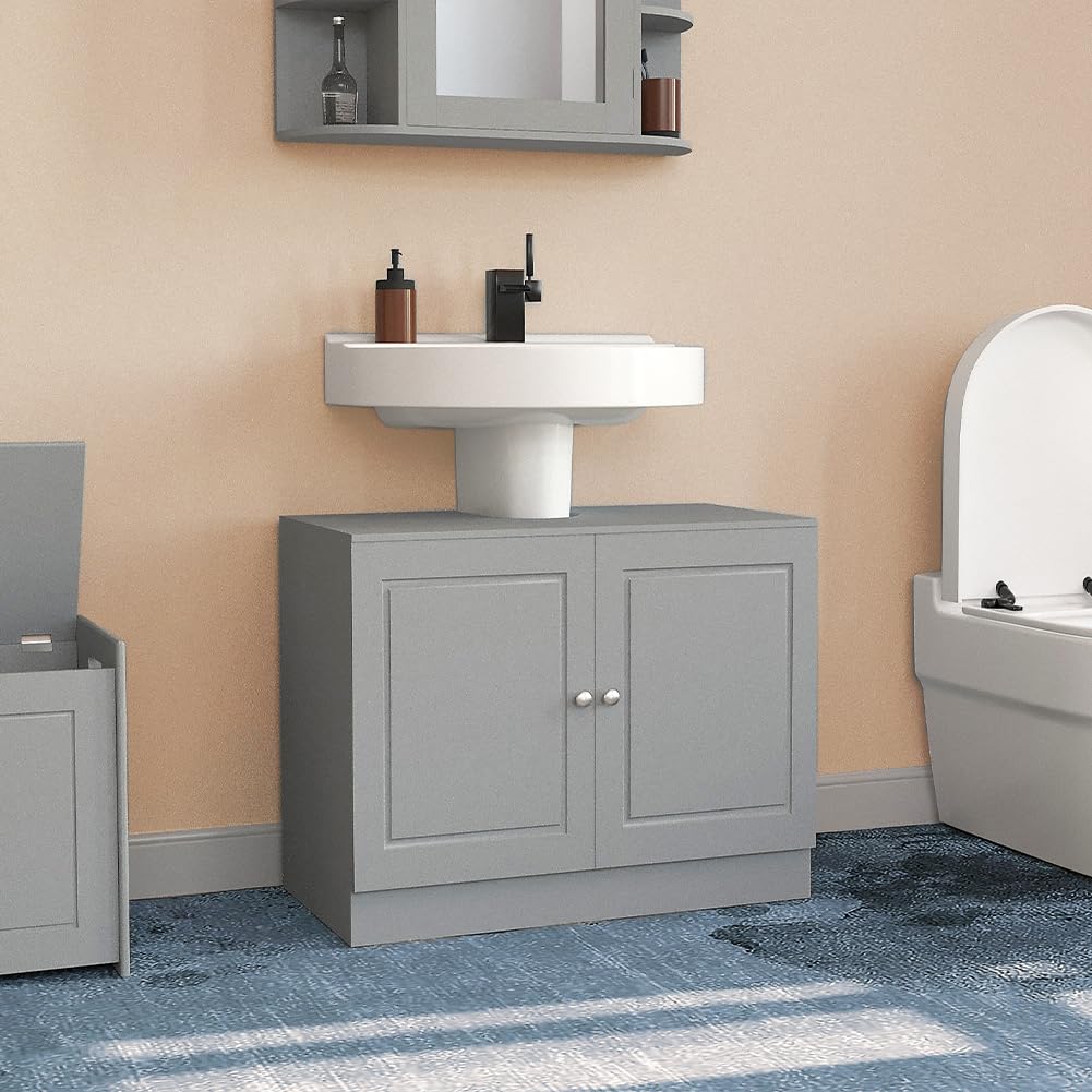 BAKAJI Mobile Sottolavabo da Bagno Linea Pietra in Legno MDF, Copricolonna con 2 Ante, Mobiletto Lavabo Moderno Salvaspazio, Armadietto da Terra per Lavandino Capiente, 55 x 66 x 37 cm (Grigio)