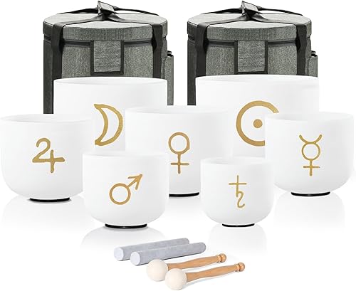 Miniatura 8 de CVNC 432HZ - Juego de 7 cuencos cantores de cristal de cuarzo esmerilado con diseño de degradado Aria de 6 a 12 pulgadas con 2 bolsas de transporte