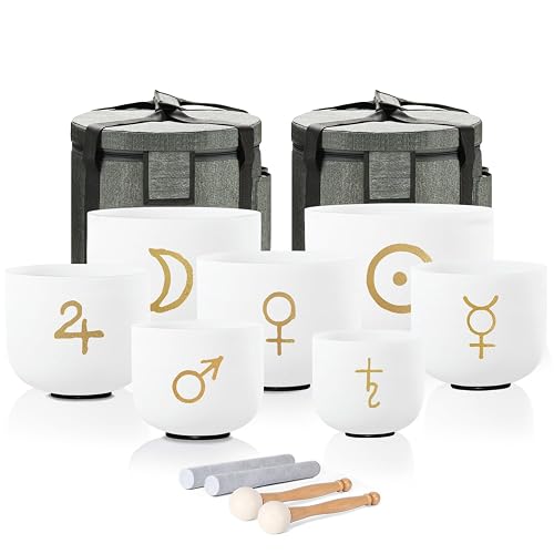 CVNC 432HZ 6-12 Inch Cosmic Pattern Design Frosted Quartz Crystal Singing Bowls Chakra Set of 7 with Carry Case Bag for Sound Healing and Meditation - 6-12 inch cosmic design - cosmic design 6-12"