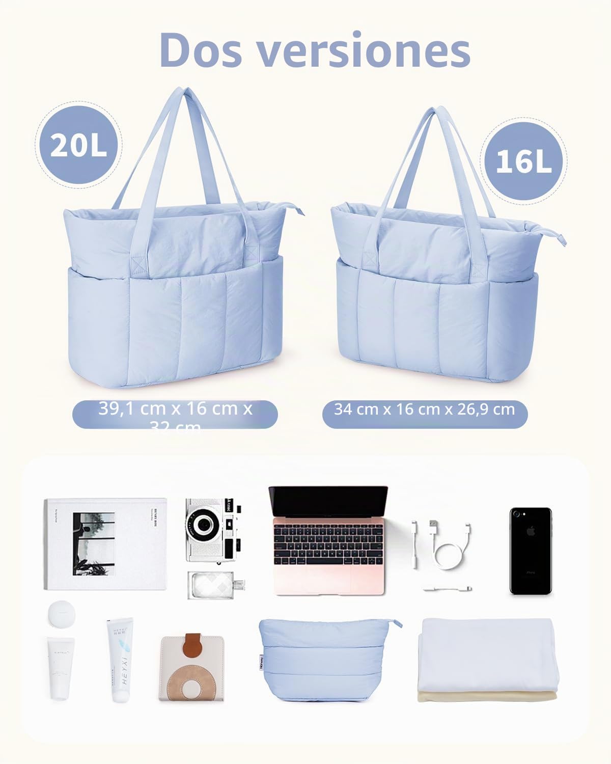 Narwey Bolso Tote Mujer Acolchado Grande, Puffer Tote Bag de Trabajo y Deporte con Cremallera y Compartimentos para Portátil, Bolso de Mano y Hombro Ligero para Escuela, Universidad y Viaje