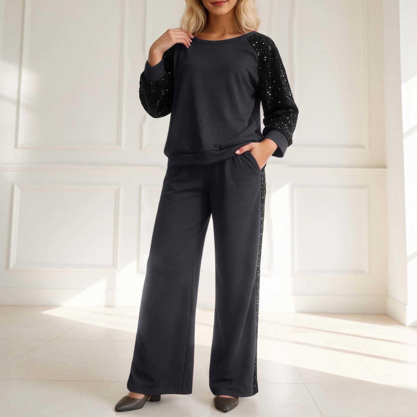 Tuta da jogging da donna con paillettes, a maniche lunghe, con tasche, alla moda, 2 pezzi, girocollo, felpa e pantaloni da jogging, set da due pezzi