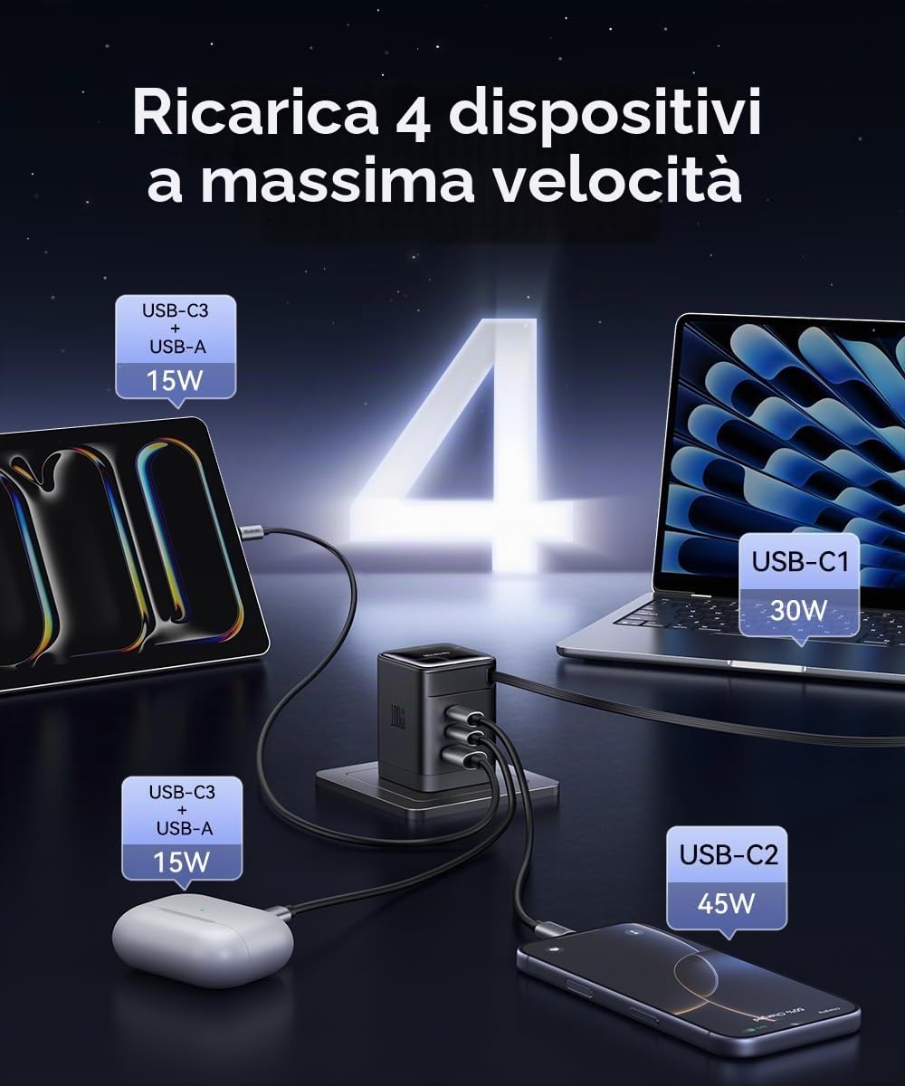 Mcdodo 100W Caricatore USB C con Cavo Retrattile, Alimentatore GaN 4-Porte Caricatore Veloce con Cavo Retrattile da 70cm per MacBook Pro/Air, iPhone 17/16/15/14, Galaxy S25/S24, iPad Pro, Steam Deck