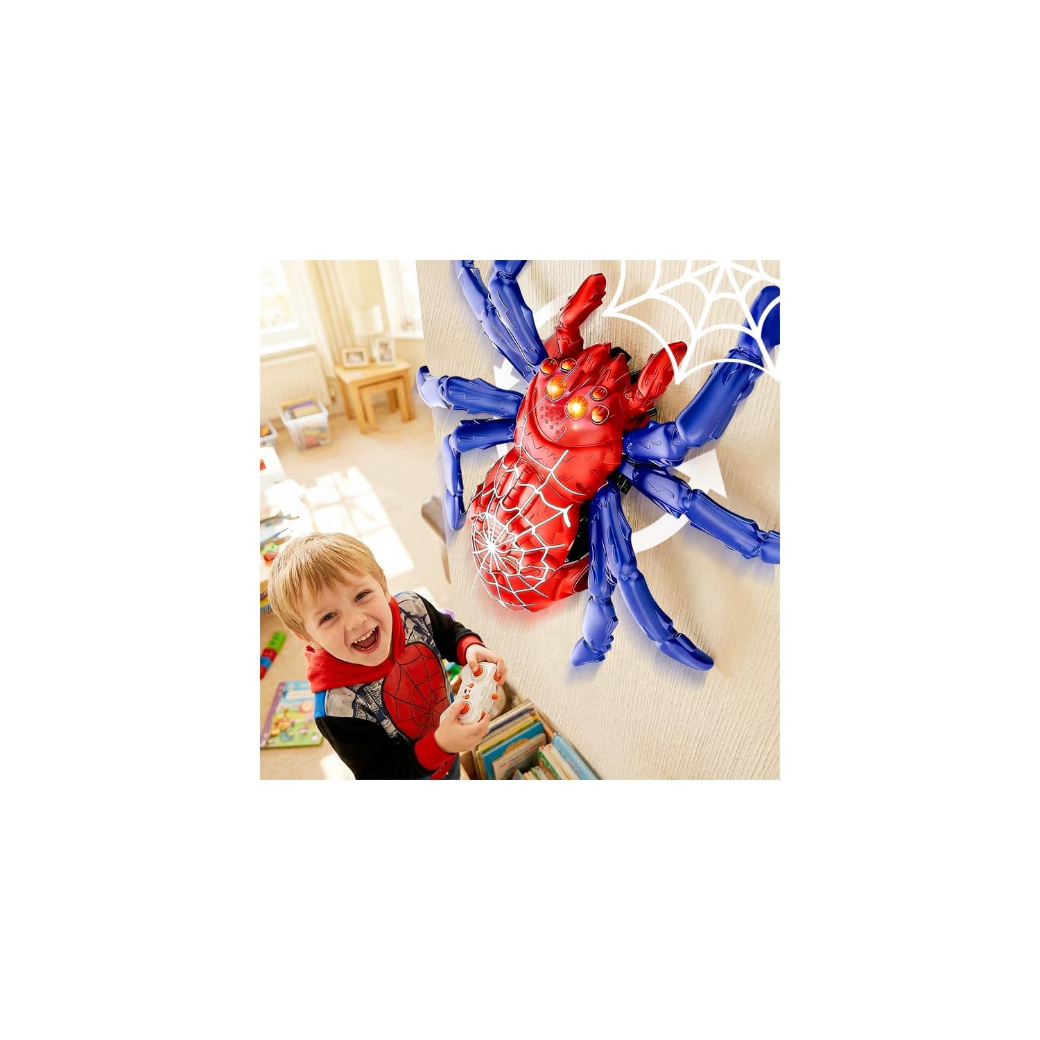 FOTSHARER Wall Climbing Spider, Rechargeable 2.4GHz Remote Control Spider with Glowing Eyes, 360°Rotating Wall Crawler Spiders, Realistic Reptile Bug for Kids