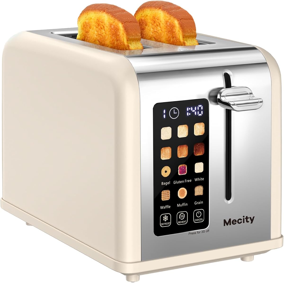 Mecity 2 Slice Touch Screen Toaster, 1.5" Wide Slot, Stainless Steel Smart Toaster for Bagels, Muffins, Waffles, Gluten-Free Breads, Defrost, Reheat, Timer, 120V 825W, Cream Color