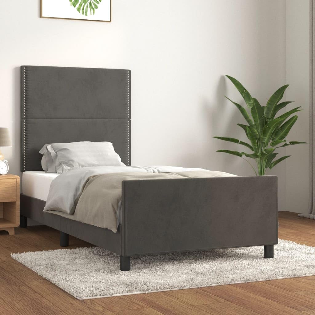 aksamitna z regulowanym zagłówkiem klasyczna szara 80x200 cm | Rama łóżka bez materaca 80x200 cm ciemnoszara aksamitna z regulowanym zagłówkiem