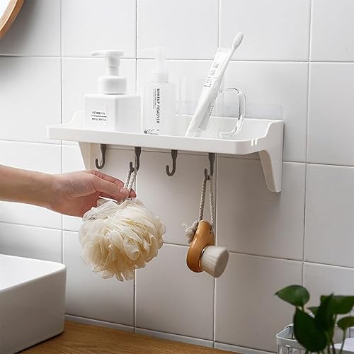 Miniatura 4 de Organizador de plástico para ducha montado en la pared, organizador de estante autodrenante con 4 ganchos desmontables y agujeros de drenaje