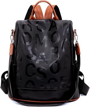 Womens Backpack PU Leather Anti-theft Shoulder Bags Letter Pattern Work Travel Hiking Satchel Casual Daypack Large Capacity Black