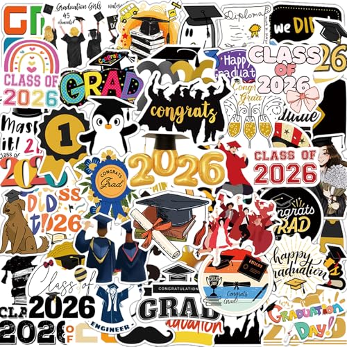 YURWL 50Pcs Graduation Stickers 2026 College Class of 2026 Stickers for Graduation Decorations Graduation Party Decorations 2026 Waterproof Vinyl Stickers for Water Bottle, Laptop, Skateboard